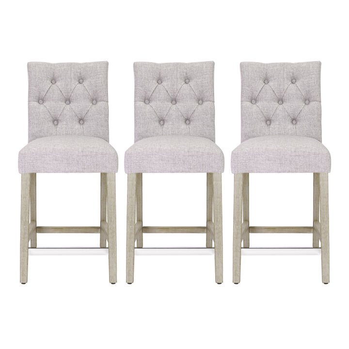WestinTrends 24" Linen Fabric Tufted Upholstered Counter Stool (Set of 3), Antique Grey