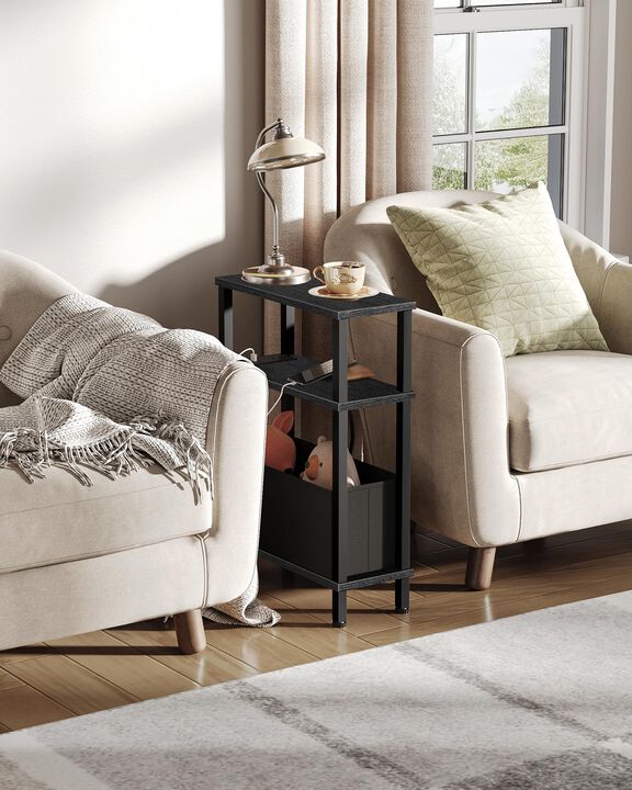 CHOEZON Small Narrow Side Table with Charging Station, Skinny End Table with Fabric Basket, Slim Nightstand for Small Spaces, So