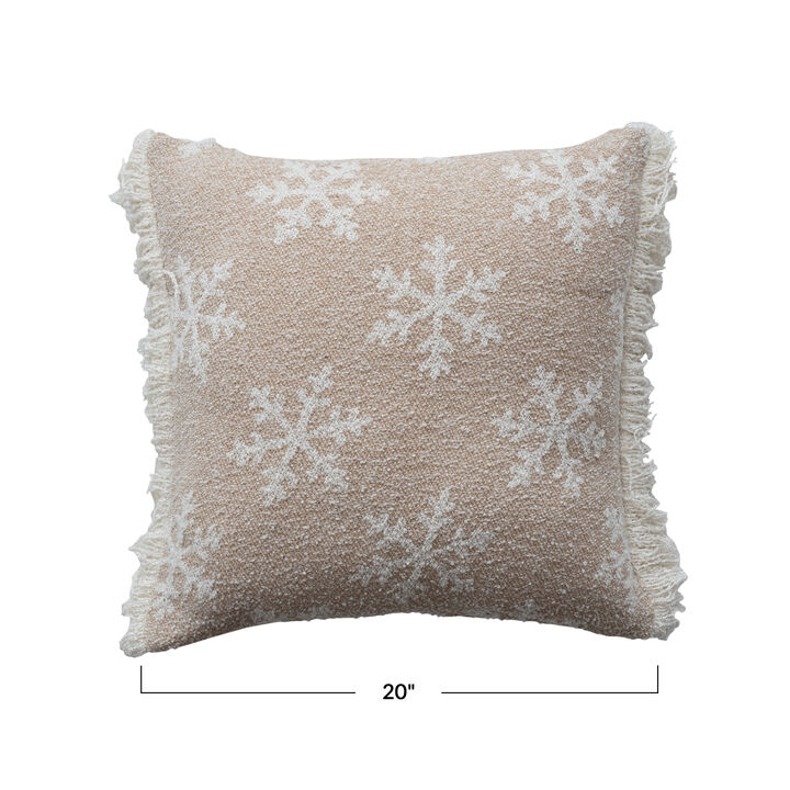 Square Woven Fabric Jacquard Two-Sided Pillow with Snowflake Pattern and Fringe, Beige and Natural