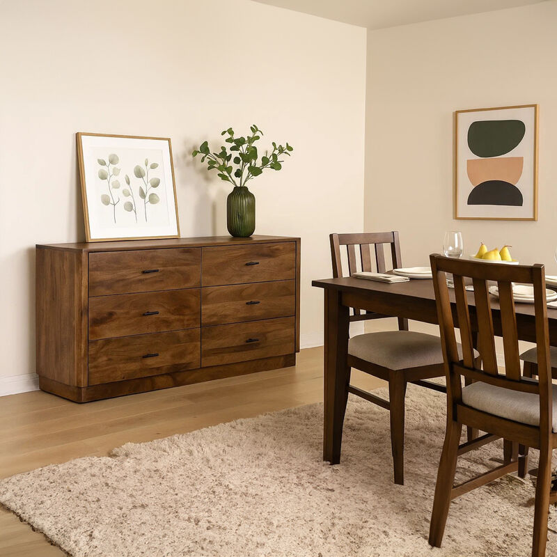 Tao 6 Drawers Dresser, Mango Wood, Walnut Finish, 60"