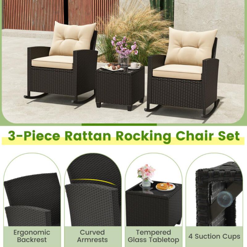 Hivvago 3-Piece Patio Rattan Roker Chairs with Tempered Glass Table and Soft Cushions image number 7