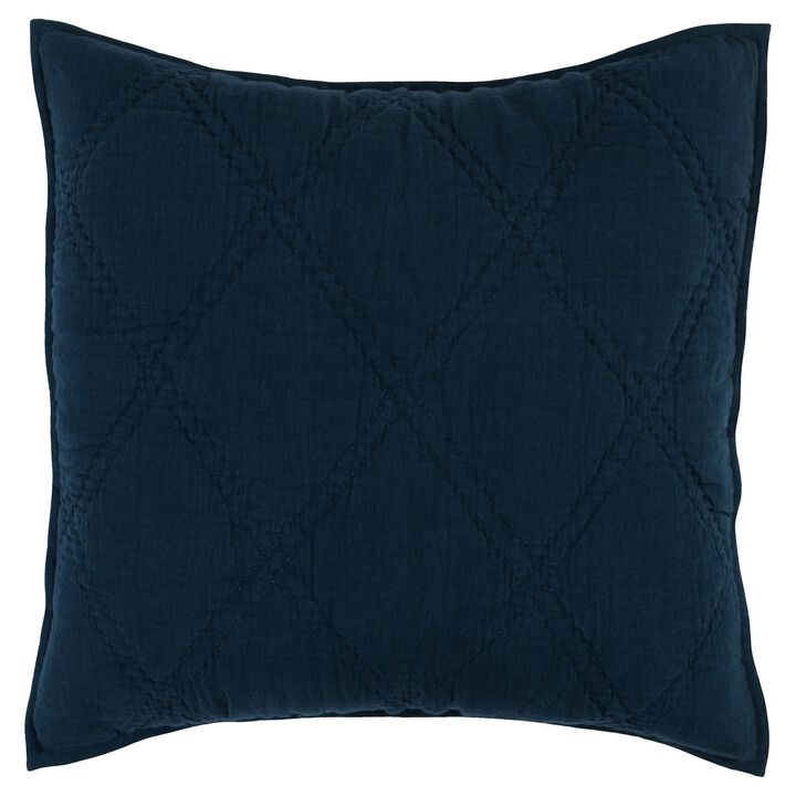 Hara 26 Inch Hand Quilted Euro Pillow Sham with Polyester Fill, Dark Blue-Benzara