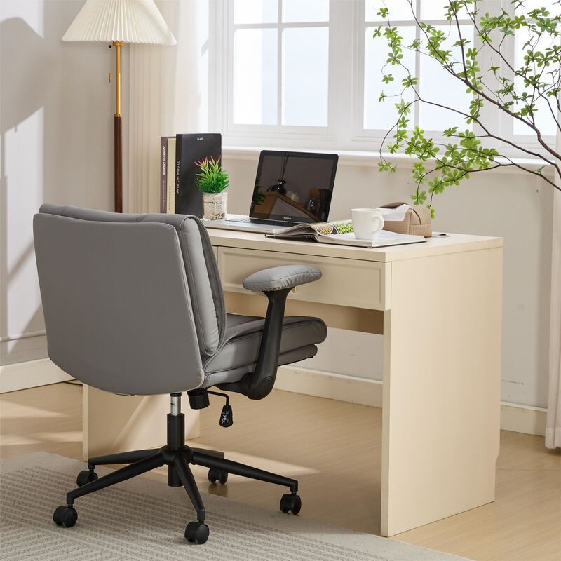 with Flip-Up Armrests Leather, Cross Legged Office Chair on Wheels image number 4