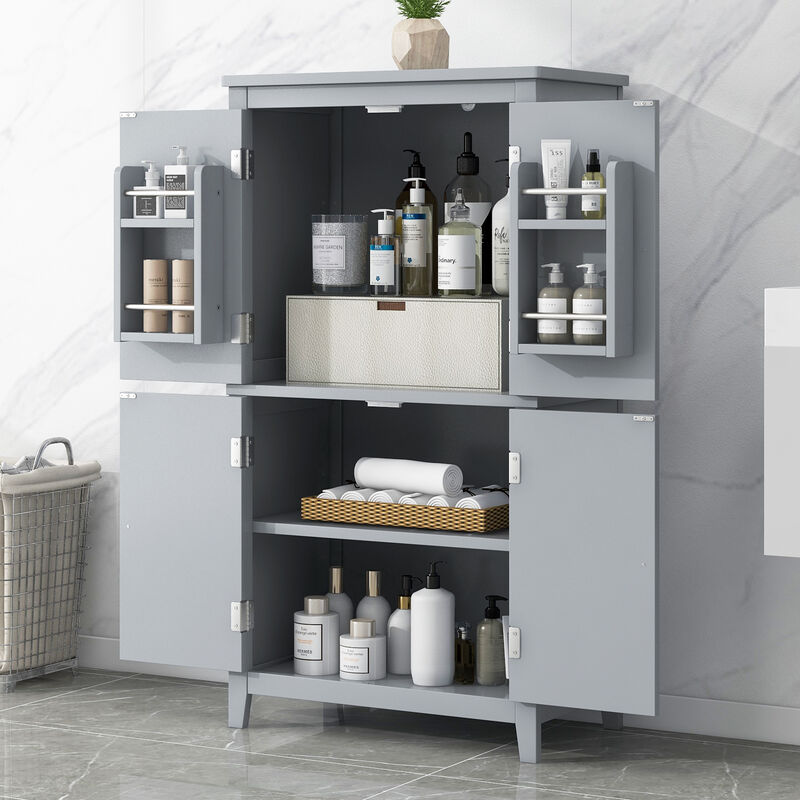 Whisen Elegant Bathroom Floor Storage Cabinet, Freestanding Cabinet with 4 Doors and Adjustable Shelf