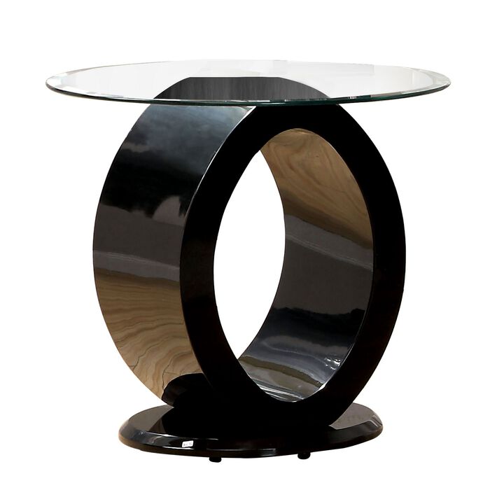 Contemporary Tempered Glass Top End Table with O Shape Base, Black-Benzara