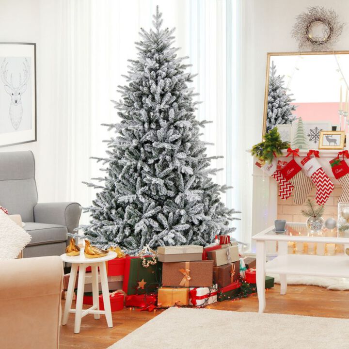 Flocked Christmas Tree with 8 Lighting Modes and Multi-Color LED Lights-7 ft