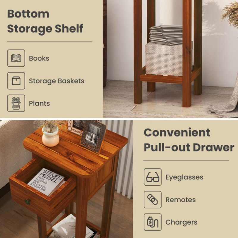 Hivvago 2 Tier Slim Nightstand Bedside Table with Drawer Shelf