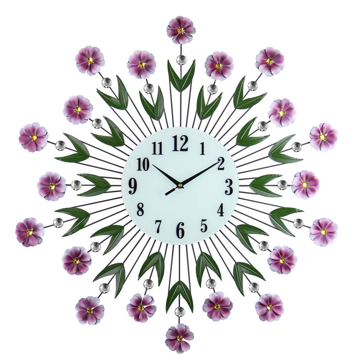 HomeRoots 27" Purple Green And White Metal and Glass Silent Analog Floral Round Wall Clock