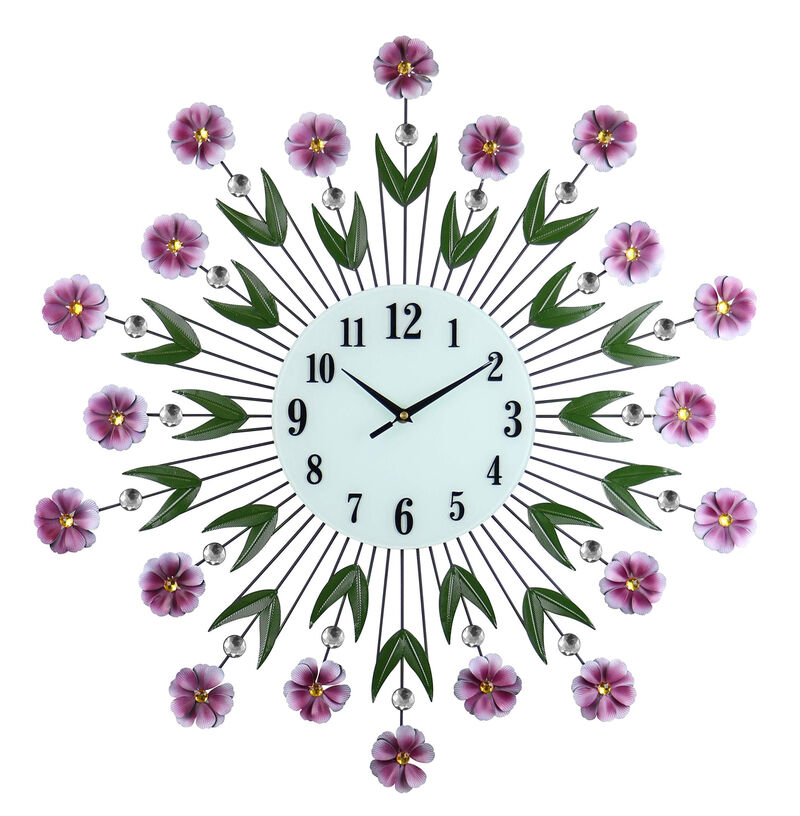 HomeRoots 27" Purple Green And White Metal and Glass Silent Analog Floral Round Wall Clock image number 0