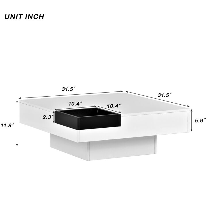 Modern Minimalist Design 31.5x31.5 in Square Coffee Table with Detachable Tray and Plug-in 16-color LED Strip Lights Remote Control for Living Room