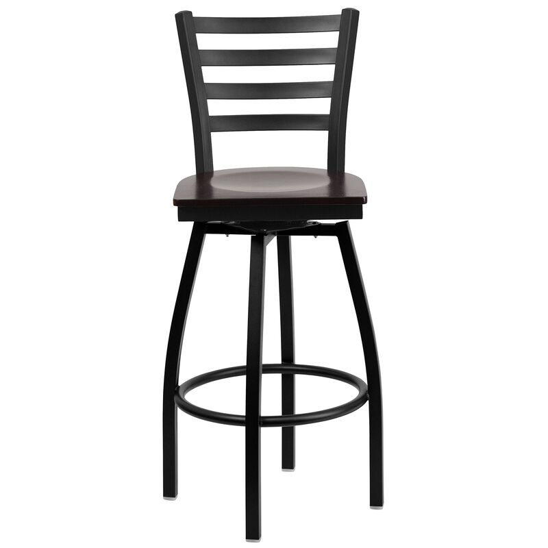 Flash Furniture HERCULES Series Black Ladder Back Swivel Metal Barstool - Walnut Wood Seat