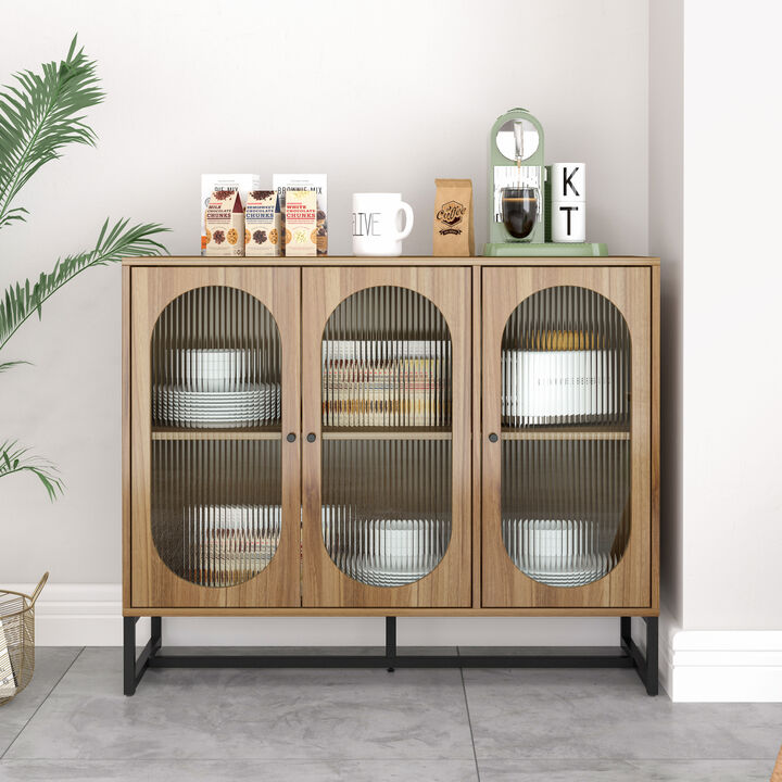 Storage Cabinet with Glass Door, Sideboard Buffet Cabinet for Kitchen, Dining Room, Walnut Color