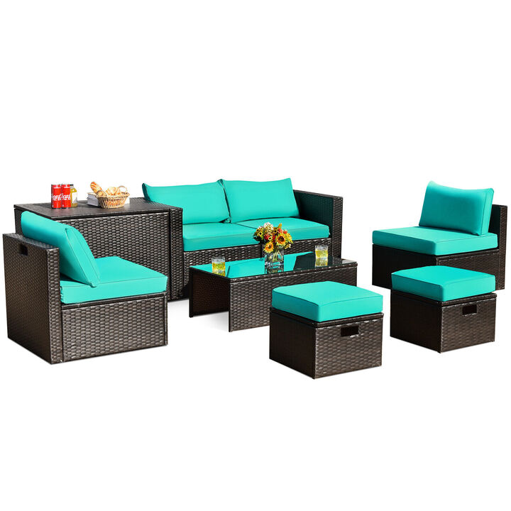 8 Pieces Patio Space-Saving Rattan Furniture Set with Storage Box and Waterproof Cover