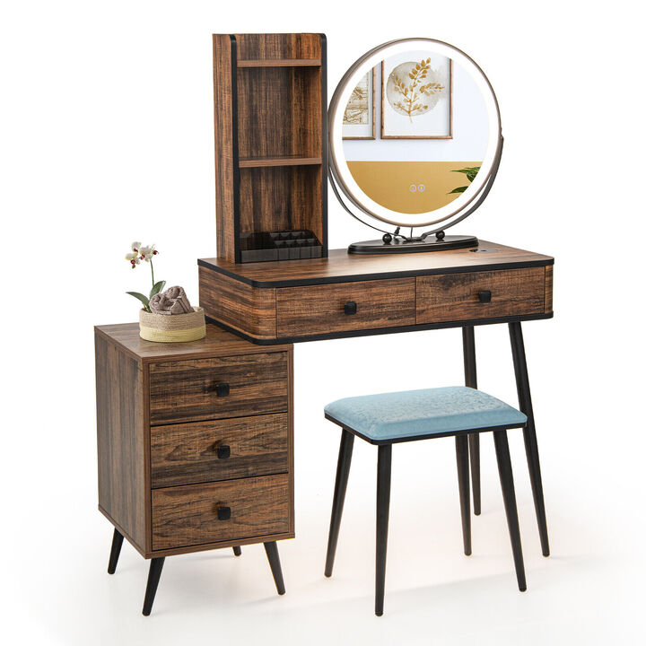 Vanity Table Set with 3-Color Lighted Mirror and Cushioned Stool