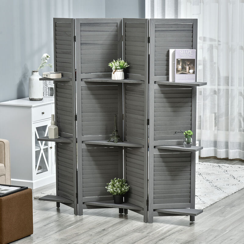 Wood Mobile Folding Privacy Screen Partition Wall Room Divider w/ Shelves Grey