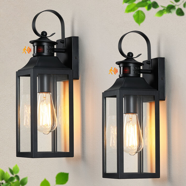 16 in. 2-Pack Modern Farmhouse Black Motion Sensor Outdoor Wall Lanterns