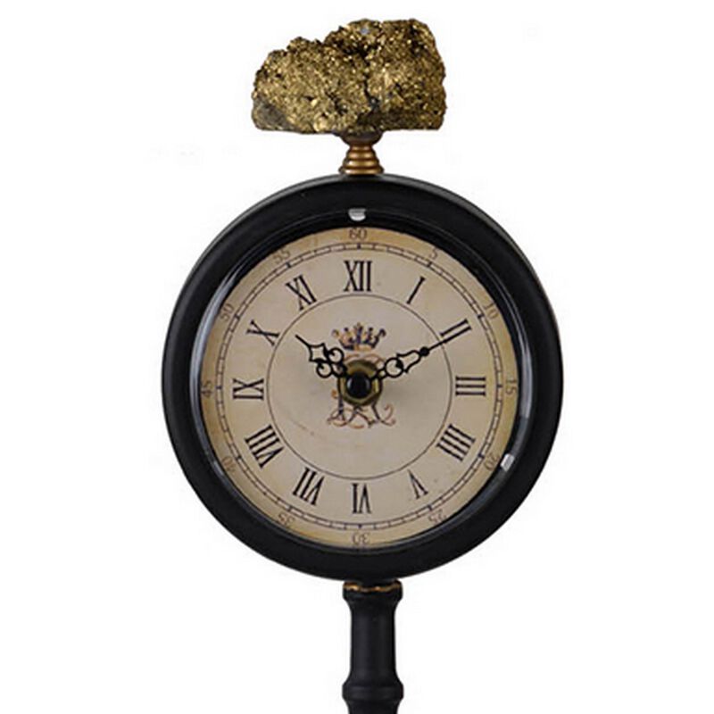 16 Inch Decorative Table Clock, Pedestal Stand, Black Metal, Stone Accent  - Benzara