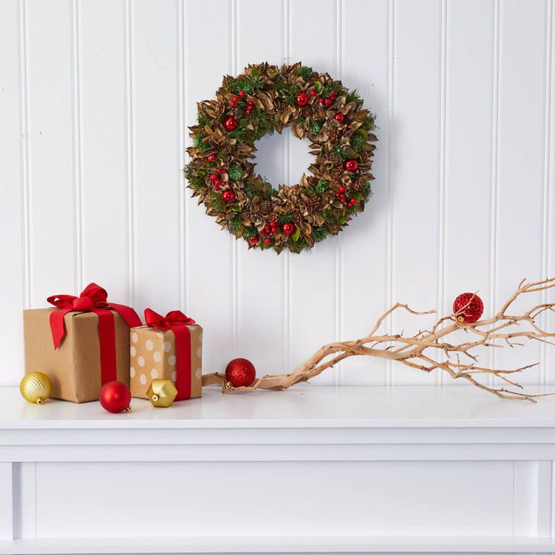 Nearly Natural 15-in Holiday Artificial Wreath with Pine Cones and Ornaments