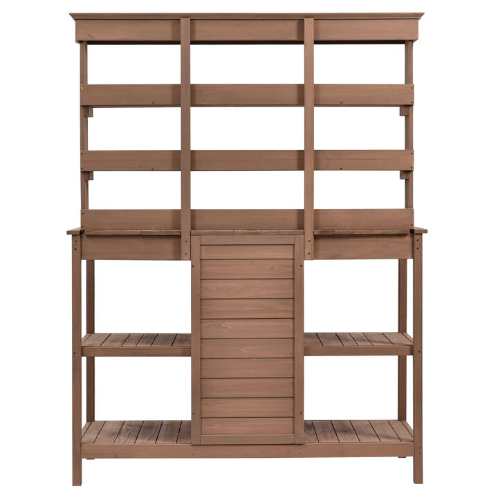 Whisen 66" Solid Fir Wood Potting Table, Farmhouse Garden Workstation with 2 Drawers, Cabinet & Open Shelves