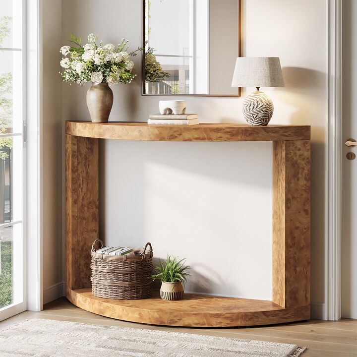 Semi-Moon Entryway Sofa Table with 2-Tier Console Design-Brown