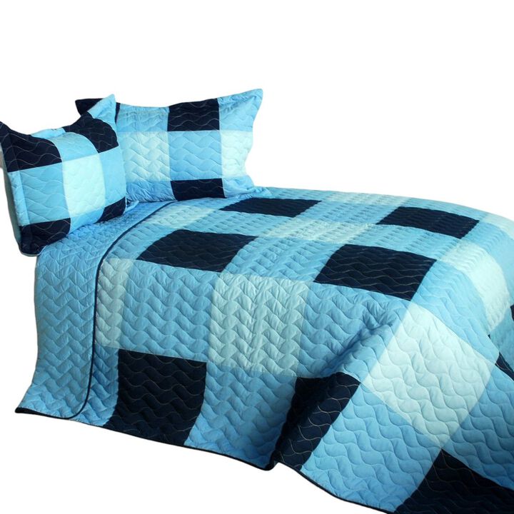 3 Piece Queen Size Printed Quilt Set with Quilted Design and Machine Washable Fabric-Blue