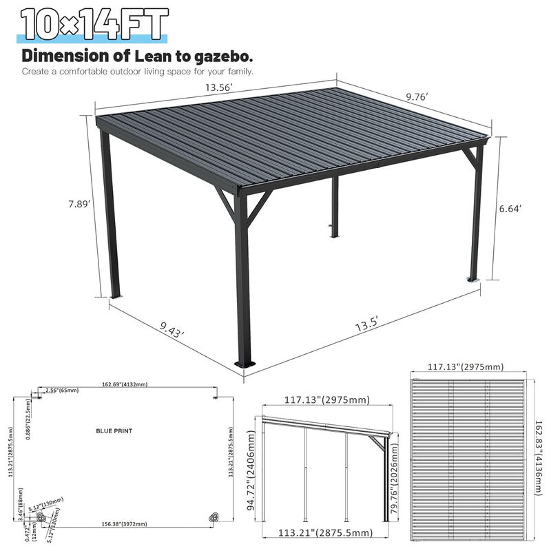 10X14FT Wall Mounted Gazebos Pergola with Built in Drainage System, Galvanized Steel Roof Hardtop Patio Shelter, Gray image number 2