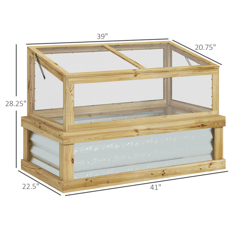 Outsunny Raised Garden Bed with Polycarbonate Greenhouse, Lean-to Garden Wooden Cold Frame Greenhouse, Flower Planter Protection, Lean to Roof, 41" x 22.5" x 28.25", Natural