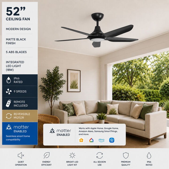 ENLIGHT 52" Smart DC Ceiling Fan with Light, IP66 Outdoor/Coastal Rated, Matter Smart Home Integration, 5 Blades