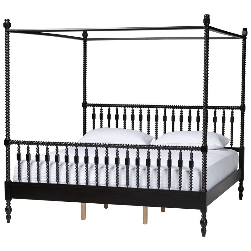 Baxton Studio Callison Spindle Canopy Bed - Turned Farmhouse Bed Frame with Spoked Headboard and Sculpted Legs, Black, King image number 0
