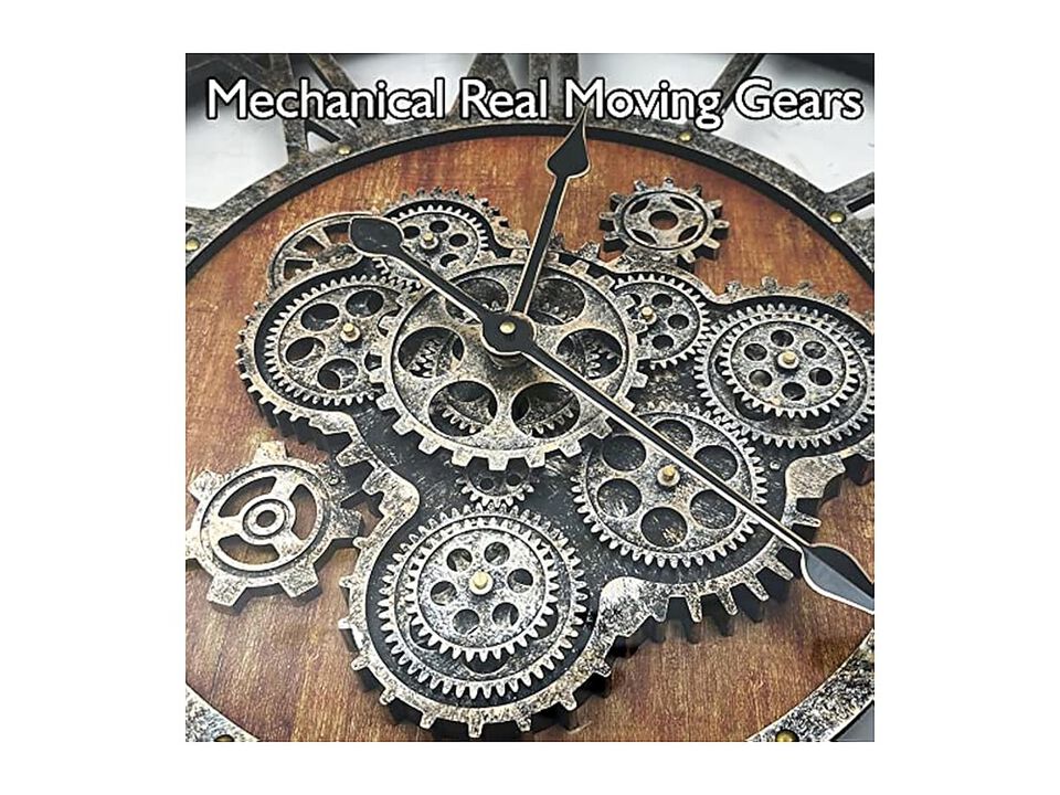 Real Moving Gears Toughened Glass Vintage Wall Clock 27 Inch Wood Brown