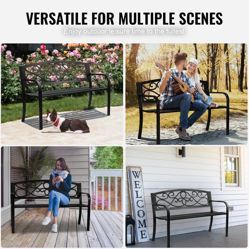 Patio Garden Bench, Metal Outdoor Bench with Backrest & Armrests for Porch Yard image number 2