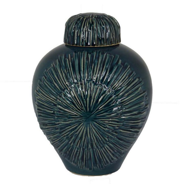 Accent Flower Vase w Lid, Rich Textured Deep Blue Ceramic, 13 Inch - Benzara