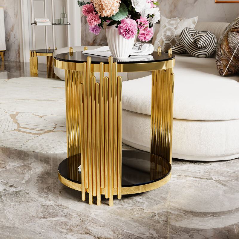 Merax Modern Mirror Round End Table Asymmetrical Metal Frame with Lower Shelf image number 2