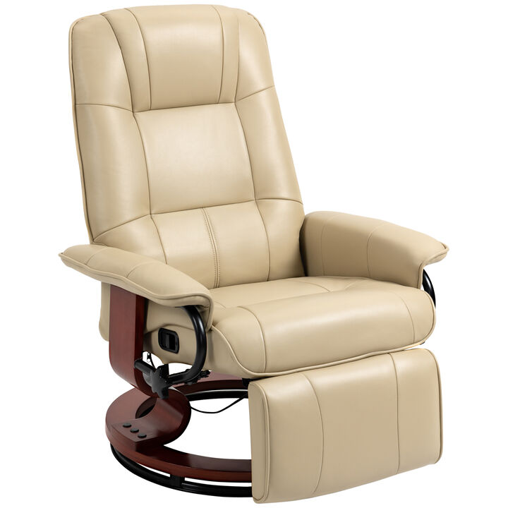 HOMCOM Faux Leather Manual Recliner, Adjustable Swivel Lounge Chair with Footrest, Armrest and Wrapped Wood Base for Living Room, Cream White
