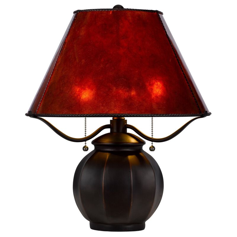 20 Inch Table Lamp, Vintage Red Amber Mica Shade, Upturned Arms, Round Body - Benzara