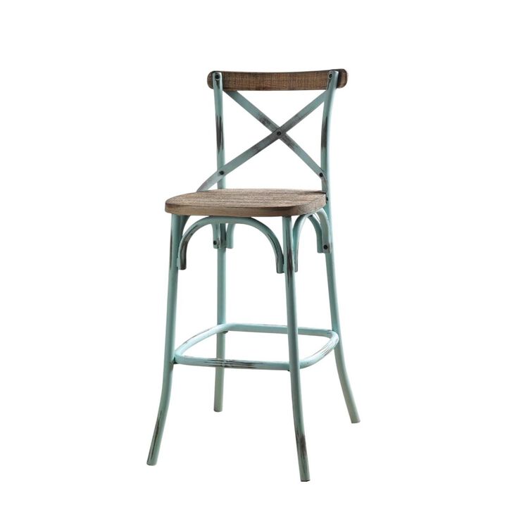 HomeRoots 21" Brown And Sky Blue Solid Wood And Metal Bar Chair