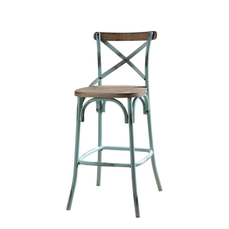 HomeRoots 21" Brown And Sky Blue Solid Wood And Metal Bar Chair image number 0