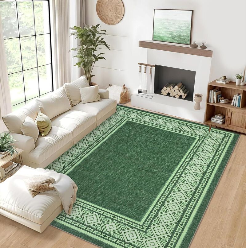 Modern Neutral Bordered Area Rugs, Soft Washable Non Slip Solid Geometric Large Throw Carpet image number 1