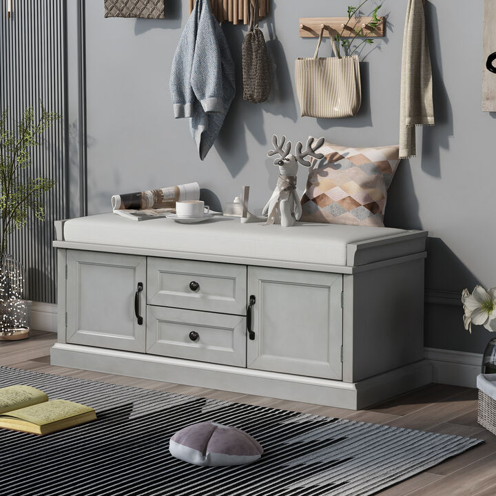 Storage Bench with 2 Drawers and 2 Cabinets, Shoe Bench with Removable Cushion for Living Room, Entryway (Gray Wash)