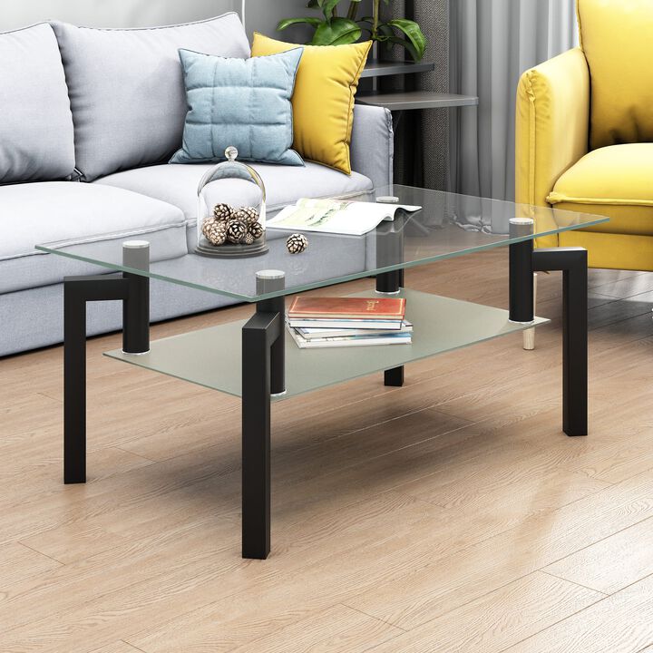 Hivvago Rectangular Double Layer Tempered Glass Coffee Table with Metal Legs