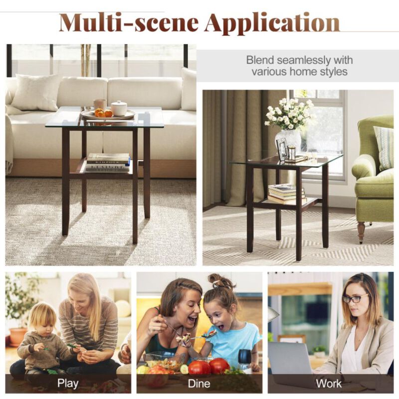 Hivvago 24 Inch 2-Tier Square Glass Coffee Table Center Table with Storage Shelf