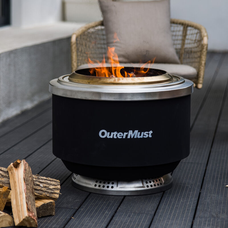 OuterMust Outdoor 24 Inch Smokeless Fire Pit with Stand Wood and Pellets Outdoor Fireplace with Ash Pan，Stainless Steel