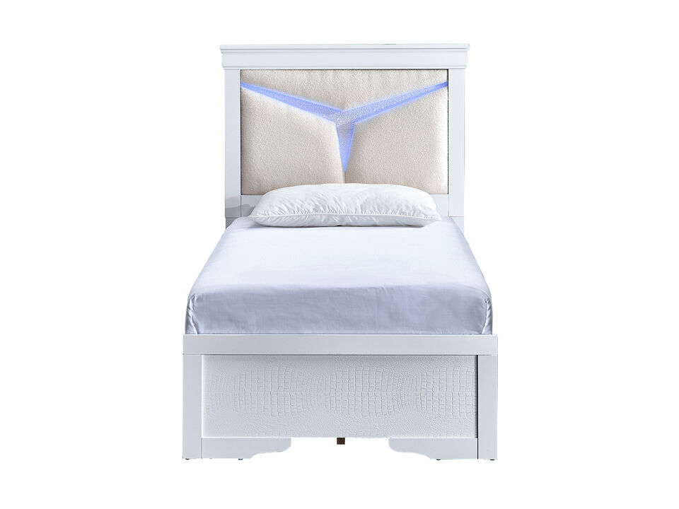 Lorana Sparkling White Wood Frame Twin Panel Bed with LED Lighted Headboard