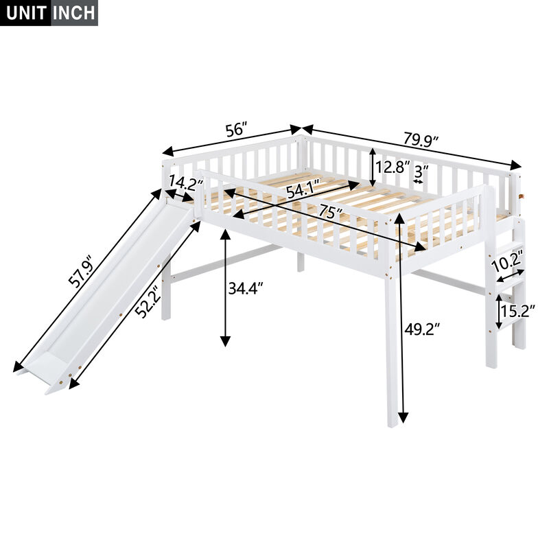 Merax Full Size Low Loft Bed with Ladder and Slide