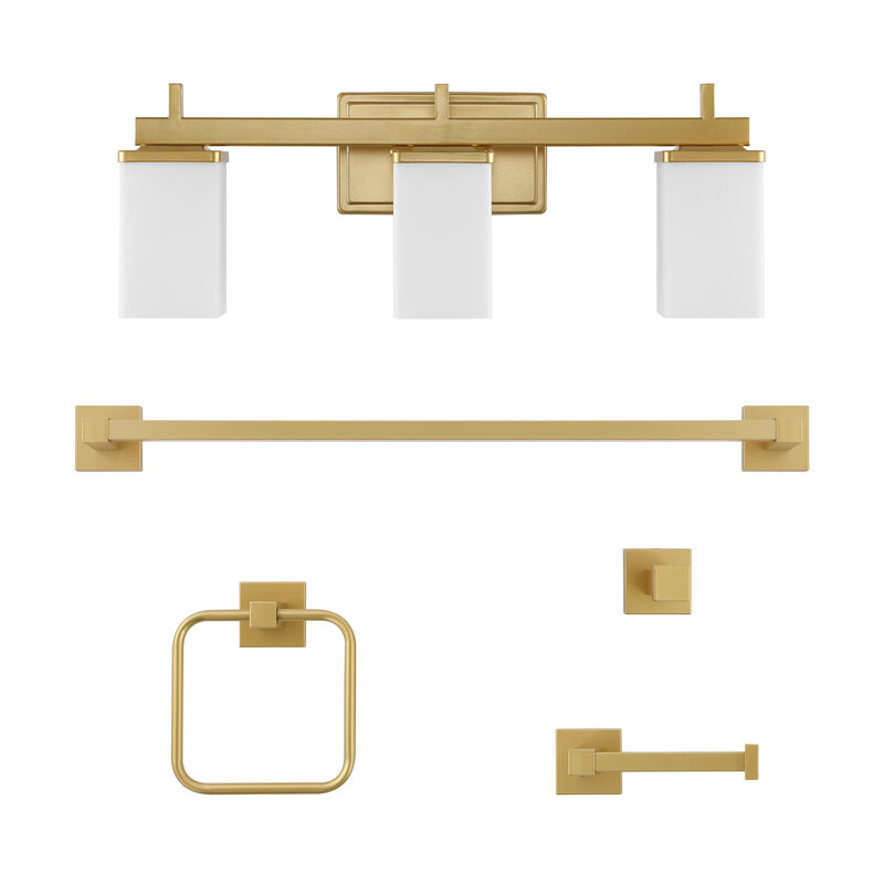 Caia 22.38" 3-Light Modern Contemporary Vanity Light with Frosted Glass Shades and Bathroom Hardware Accessory 5-Piece Set