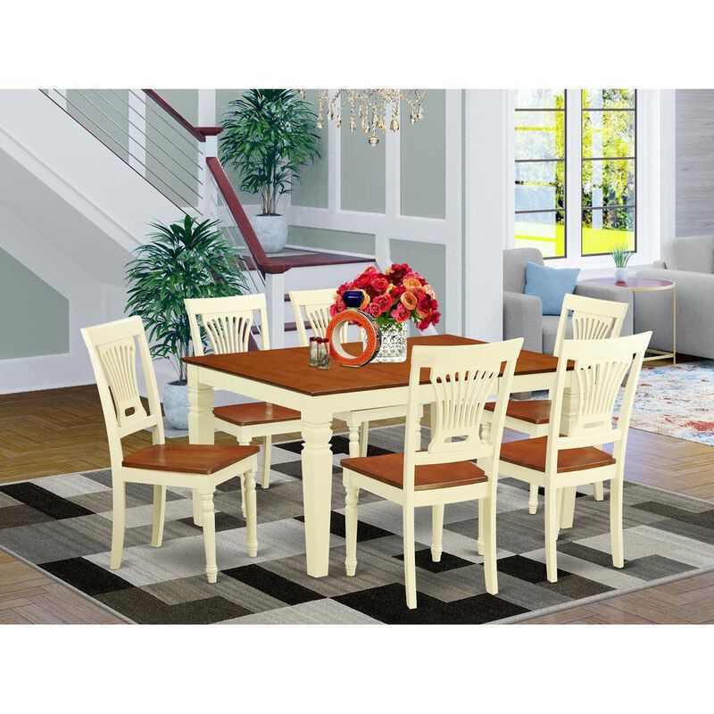 7 Pc Kitchen table set with a Dining Table and 6 Wood Kitchen Chairs in Buttermilk and Cherry