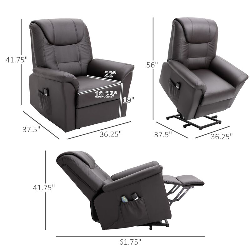 Electric Power Lift Chair, PU Leather Recliner Chair for Elderly with Remote Control and Side Pockets, Brown