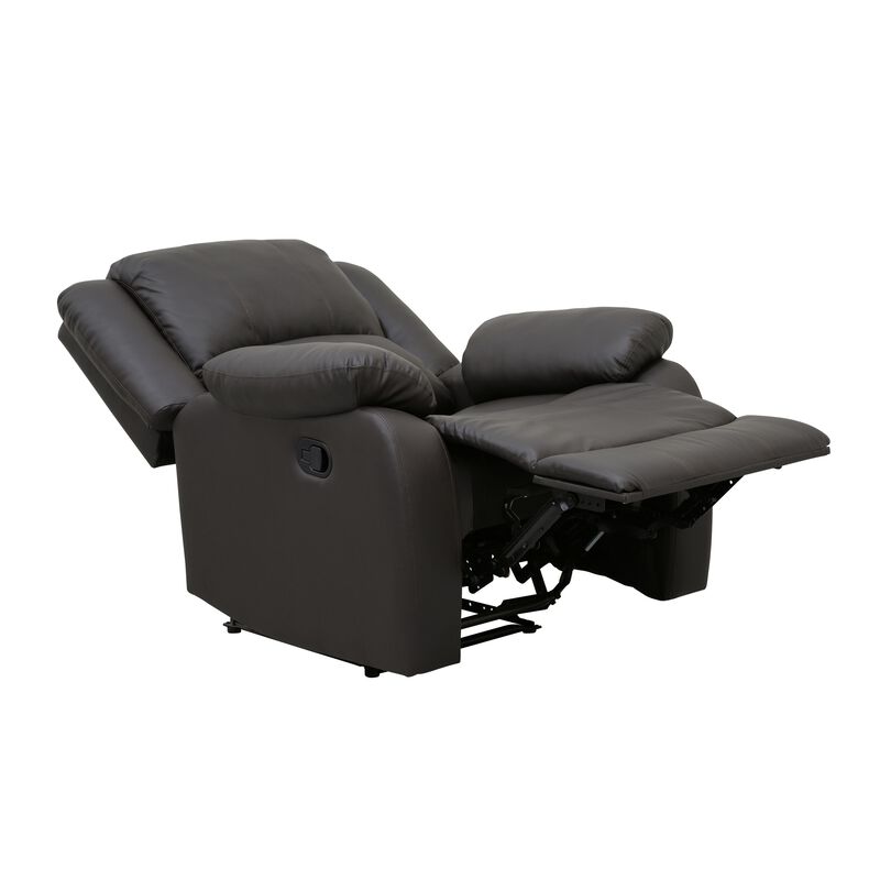 Chris 38 Inch Manual Recliner Chair, Solid Wood, Black Faux Leather - Benzara