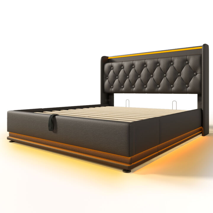 Merax PU Upholstered Bed with Storage and LED