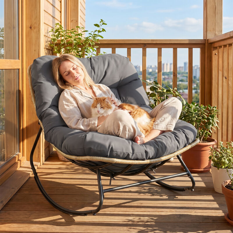 Patio Papasan Rocking Chair with Grey Thick Cushion for Outdoor Comfort image number 1